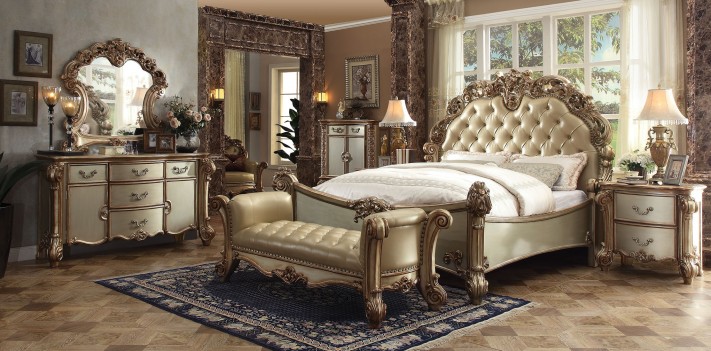23000 Acme Gold Patina Finish Bedroom Collection Bone Upholstery