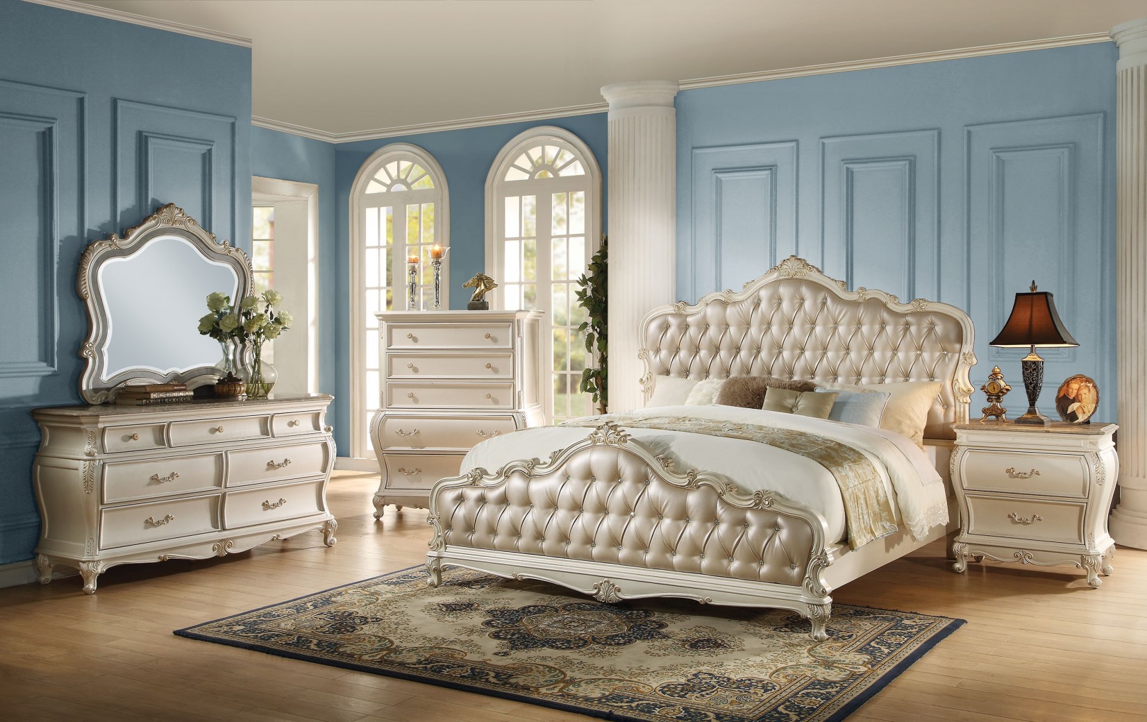 23540 Acme Chantelle Bedroom Collection Pearl White Finish Rose Gold Upholstery  23540 Acme Chantelle Bedroom Collection Pearl White Finish Rose Gold Upholstery