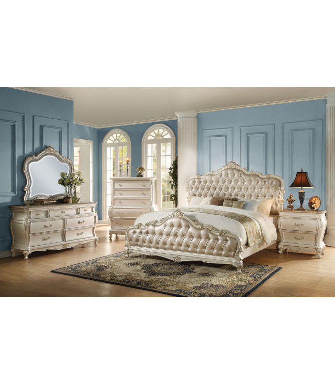  23540 Acme Chantelle Bedroom Collection Pearl White Finish Rose Gold Upholstery