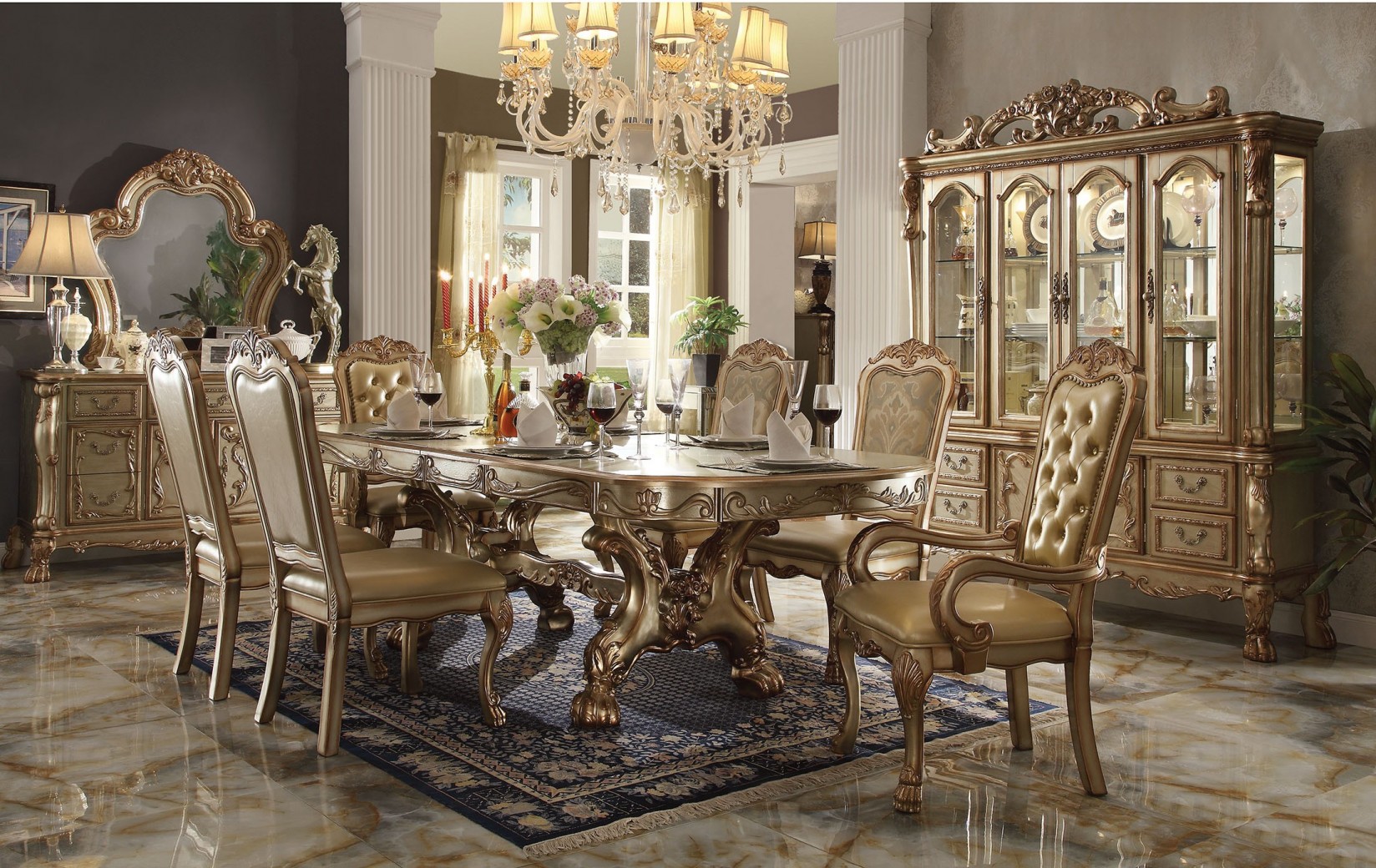 Acme 63150 Rectangular Dining Set Dresden Gold Platina Finish Acme 63150 Rectangular Dining Set Dresden Gold Platina Finish