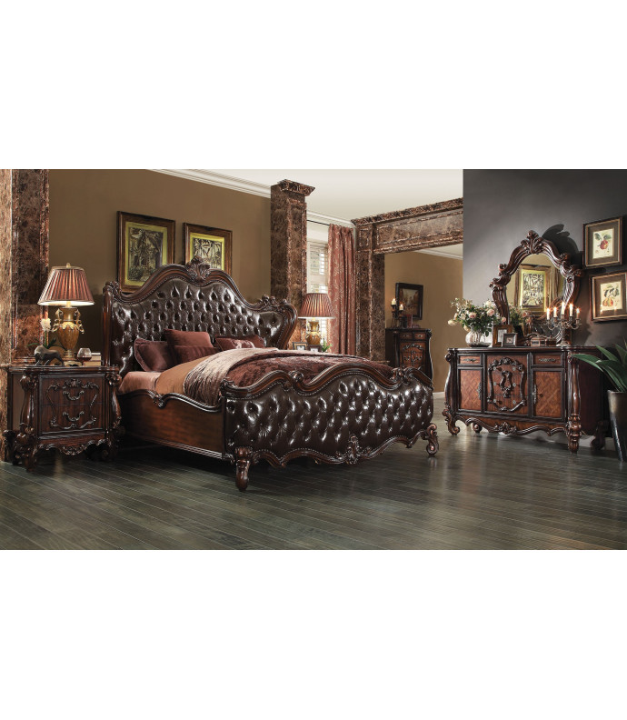 21120 Acme  Versailles Bedroom Set Collection Cherry Oak Finish 2 Tone Dark Brown PU Upholstery