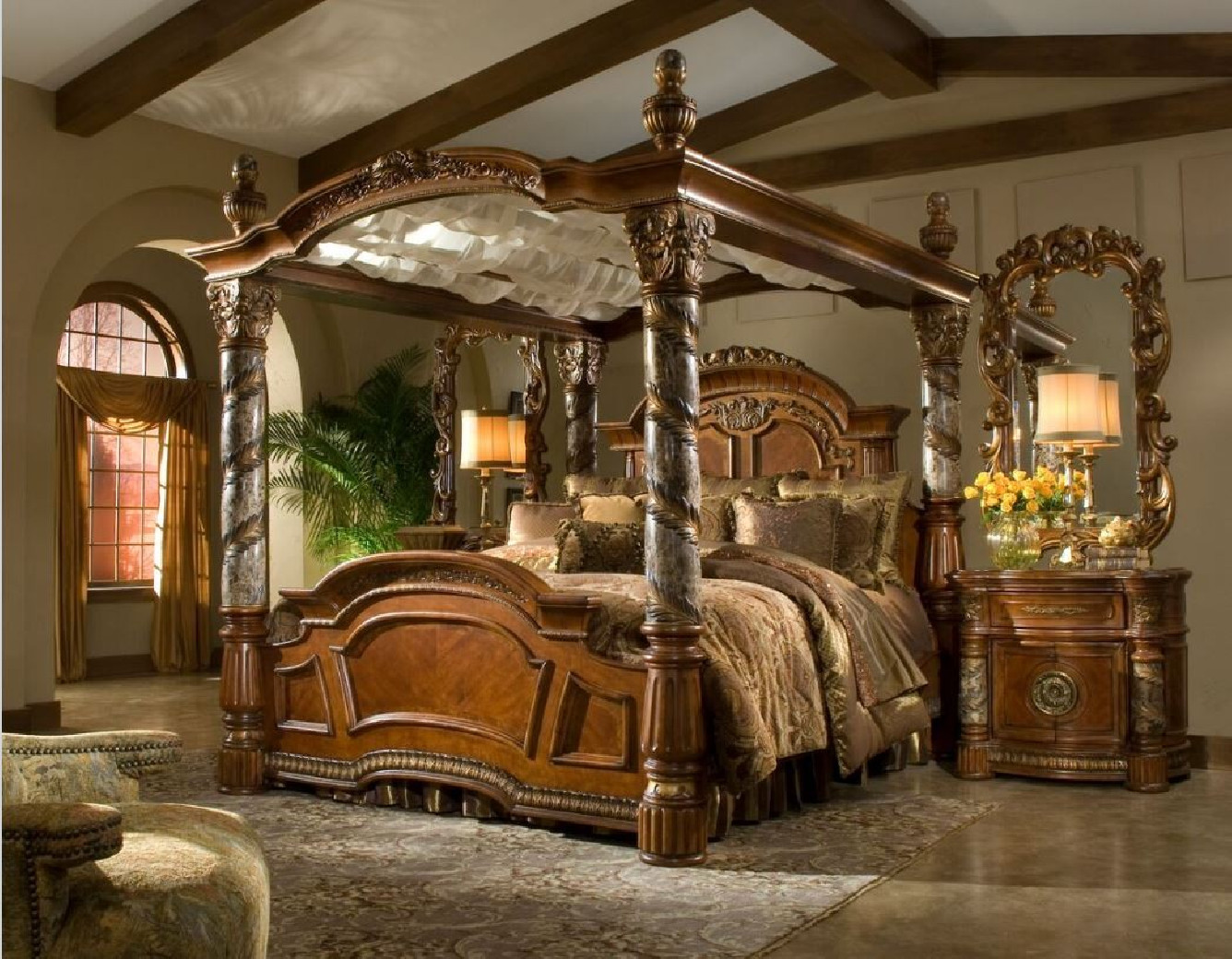 Aico Villa Valencia  Bedroom Collection with Tall Poster Bed Chestnut Finish