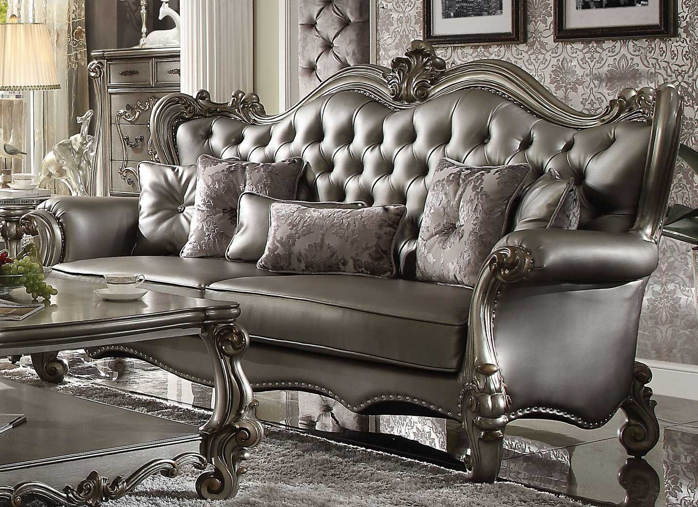 56820 ACME VERSAILLES SOFA COLLECTION SILVER PU/ ANTIQUE