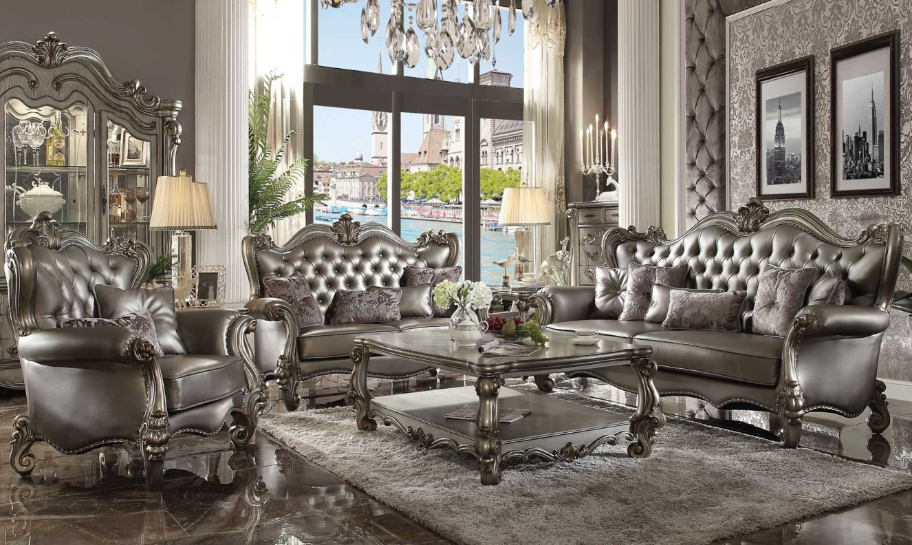 56820 ACME VERSAILLES SOFA COLLECTION SILVER PU/ ANTIQUE
