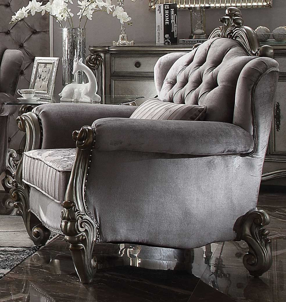 56840 ACME VERSAILLES SOFA COLLECTION VELVET ANTIQUE PLATINUM