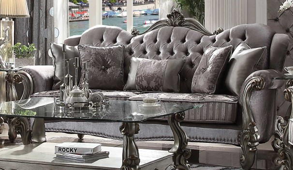 56840 ACME VERSAILLES SOFA COLLECTION VELVET ANTIQUE PLATINUM