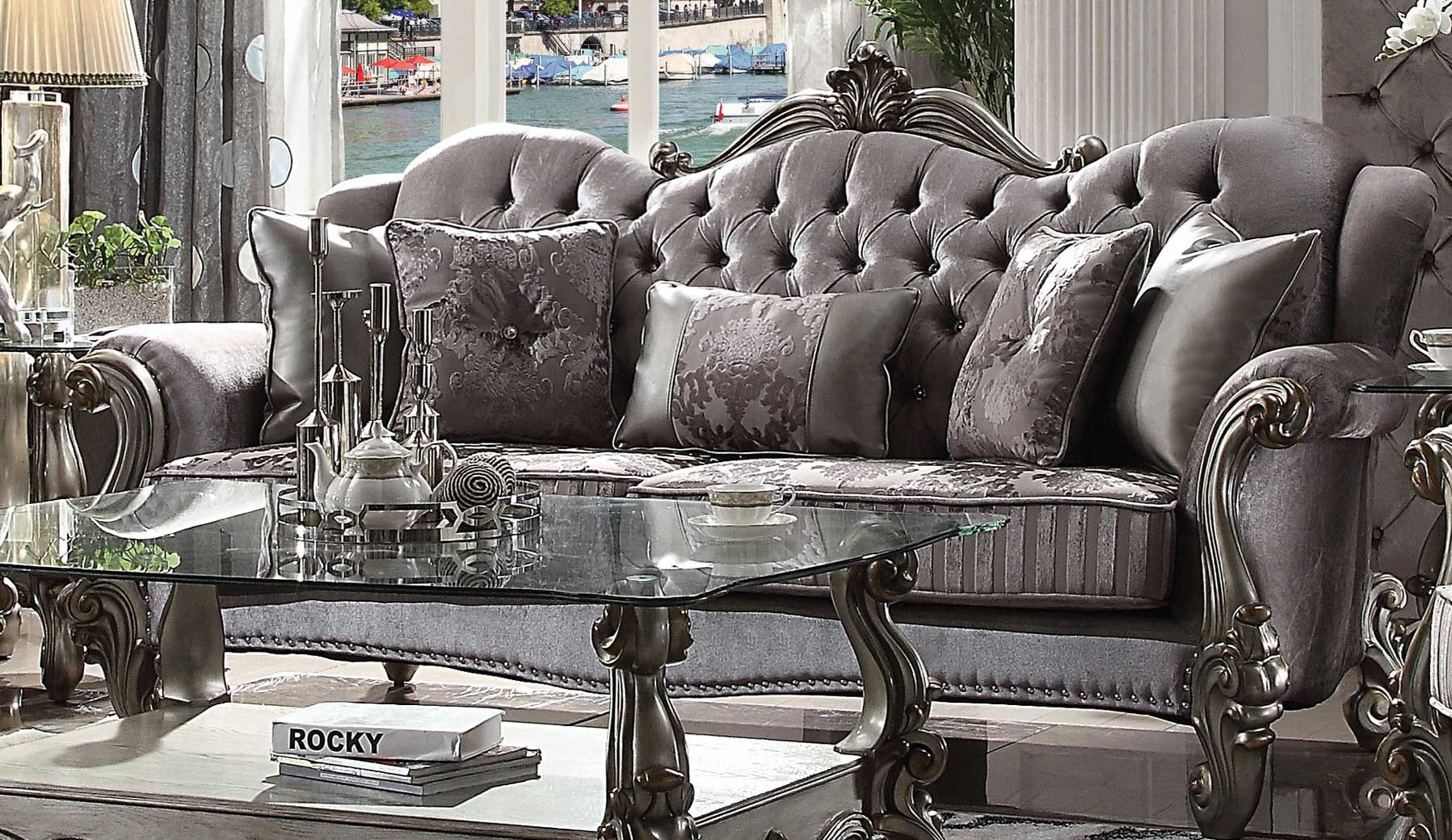56840 ACME VERSAILLES SOFA COLLECTION VELVET ANTIQUE PLATINUM