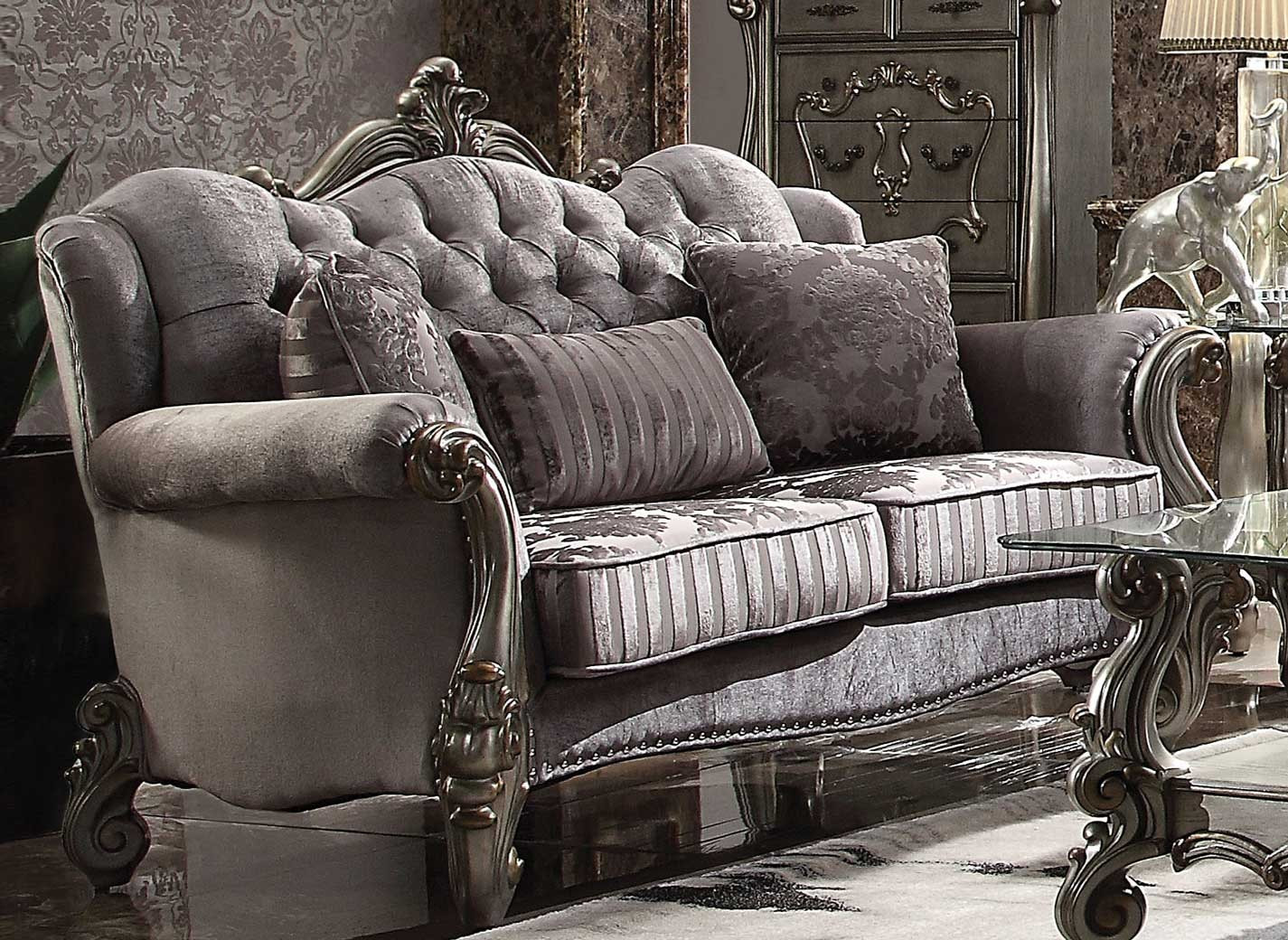 56840 ACME VERSAILLES SOFA COLLECTION VELVET ANTIQUE PLATINUM