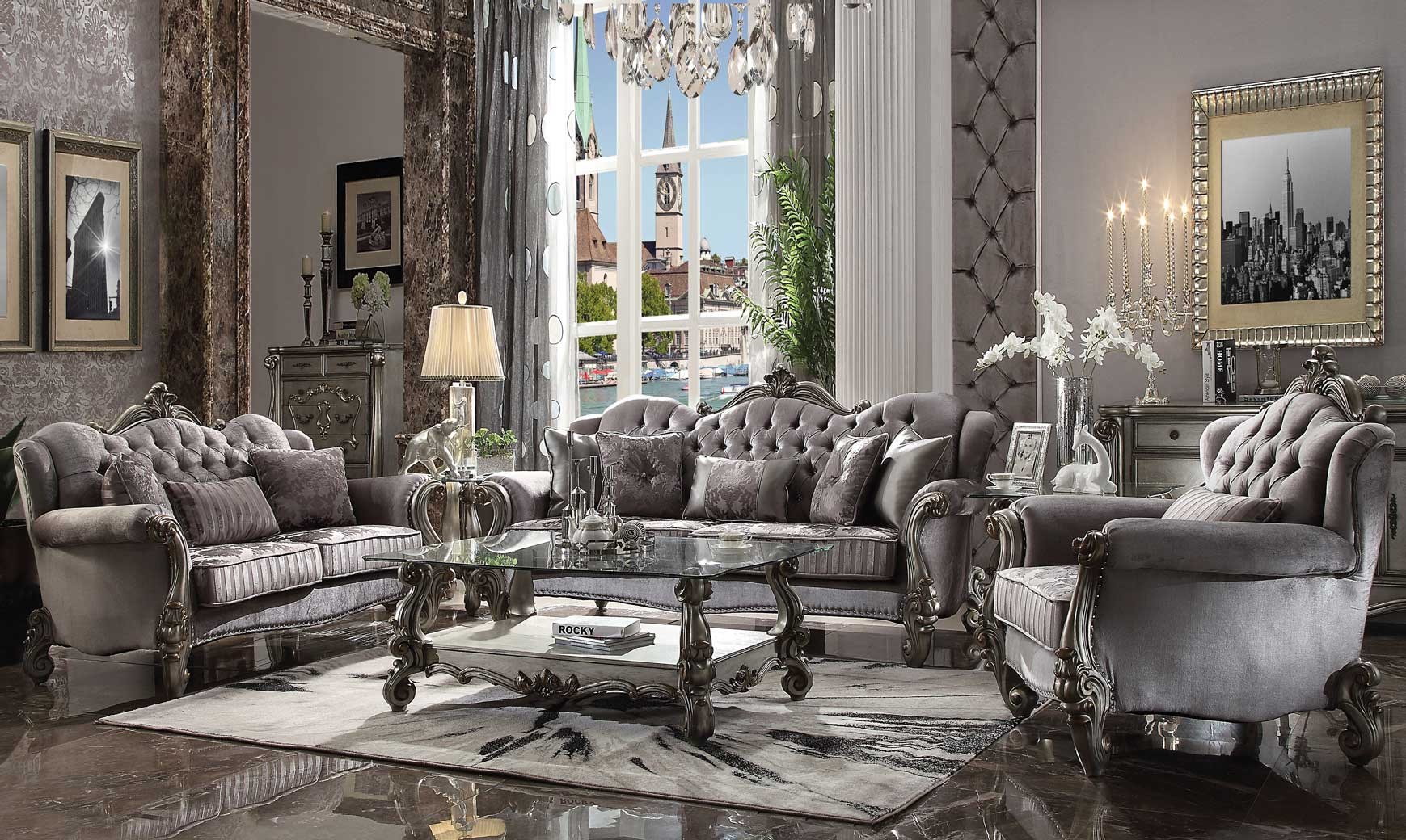 56840 ACME VERSAILLES SOFA COLLECTION VELVET ANTIQUE PLATINUM