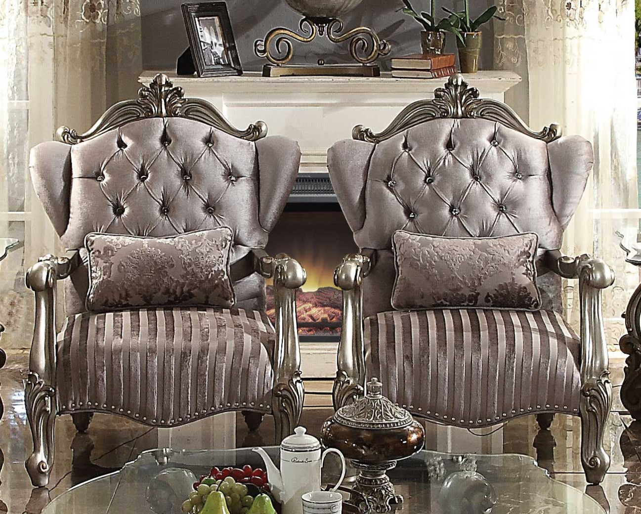 56845 ACME VERSAILLES SOFA COLLECTION VELVET ANTIQUE PLATINUM