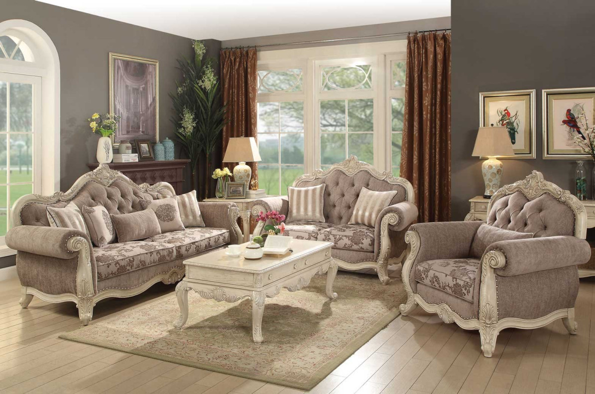 56020 Gray Fabric /Antique White Finish Living room Acme Ragenardus Collection