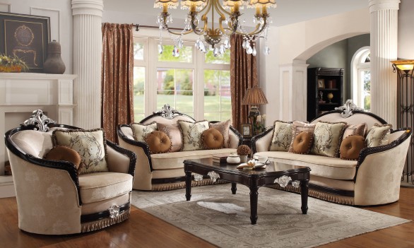 52110 ACME ERNESTINE SOFA COLLECTION TAN FABRIC BLACK FINISH