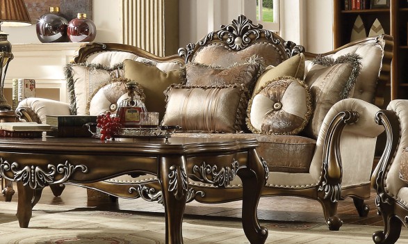 52115 ACME LATISHA  SOFA COLLECTION TAN PATTERN FABRIC ANTIQUE OAK FINISH