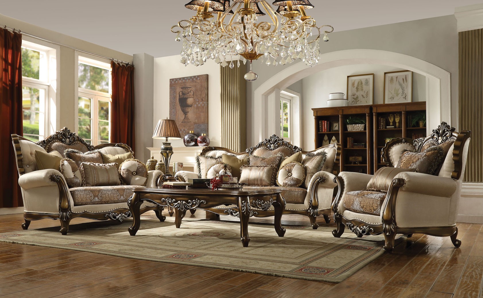 52115 ACME LATISHA  SOFA COLLECTION TAN PATTERN FABRIC ANTIQUE OAK FINISH