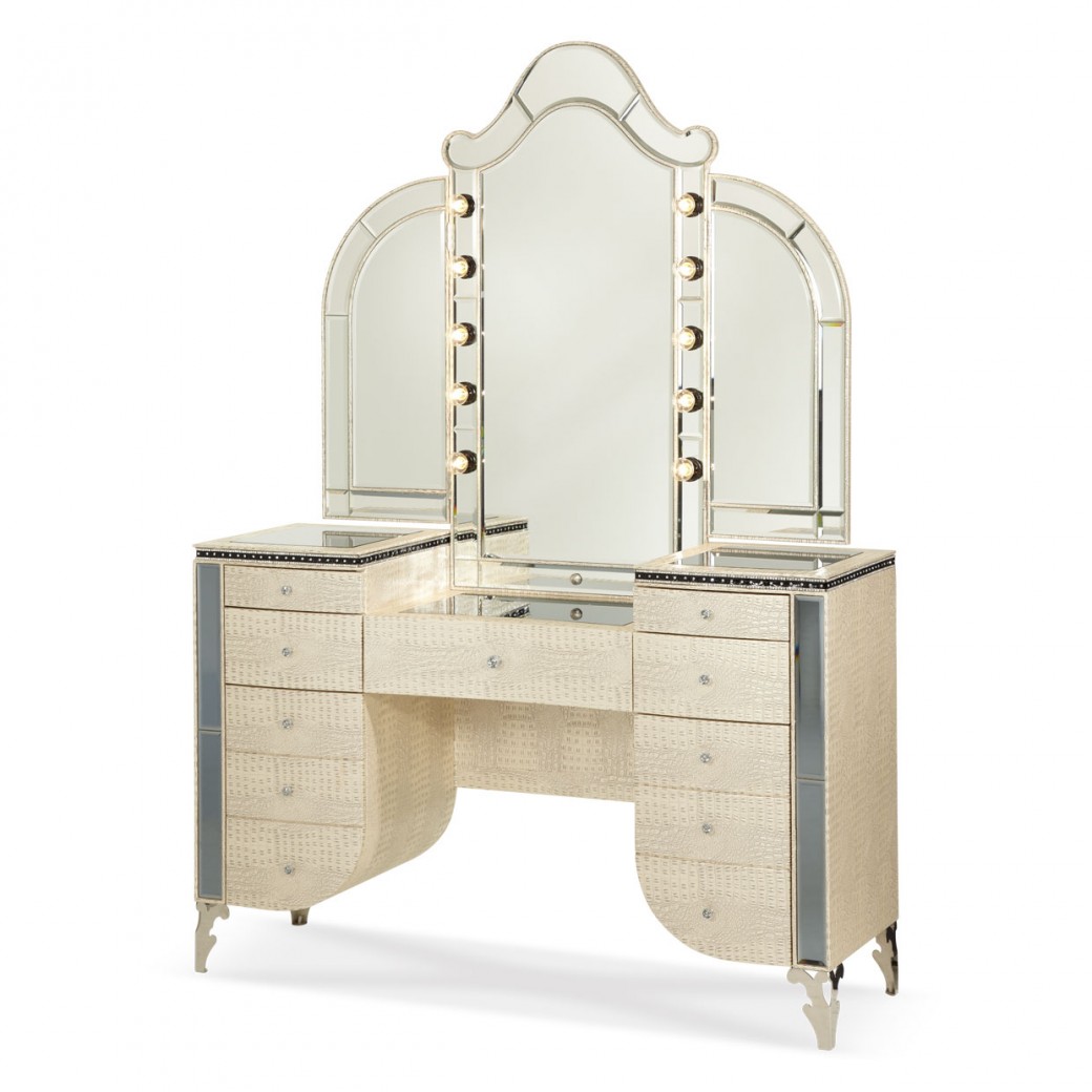 Vanity w/Mirror Upholstered Desk by Michael Collection Hollywood (2pc) Swank