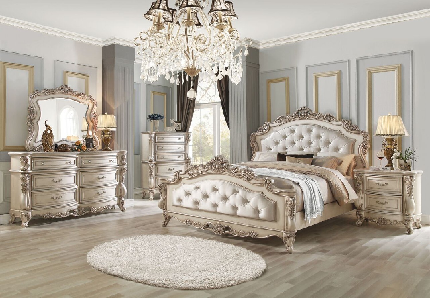 27440 Gorsedd Cream Fabric Antique white finish Bedroom Set