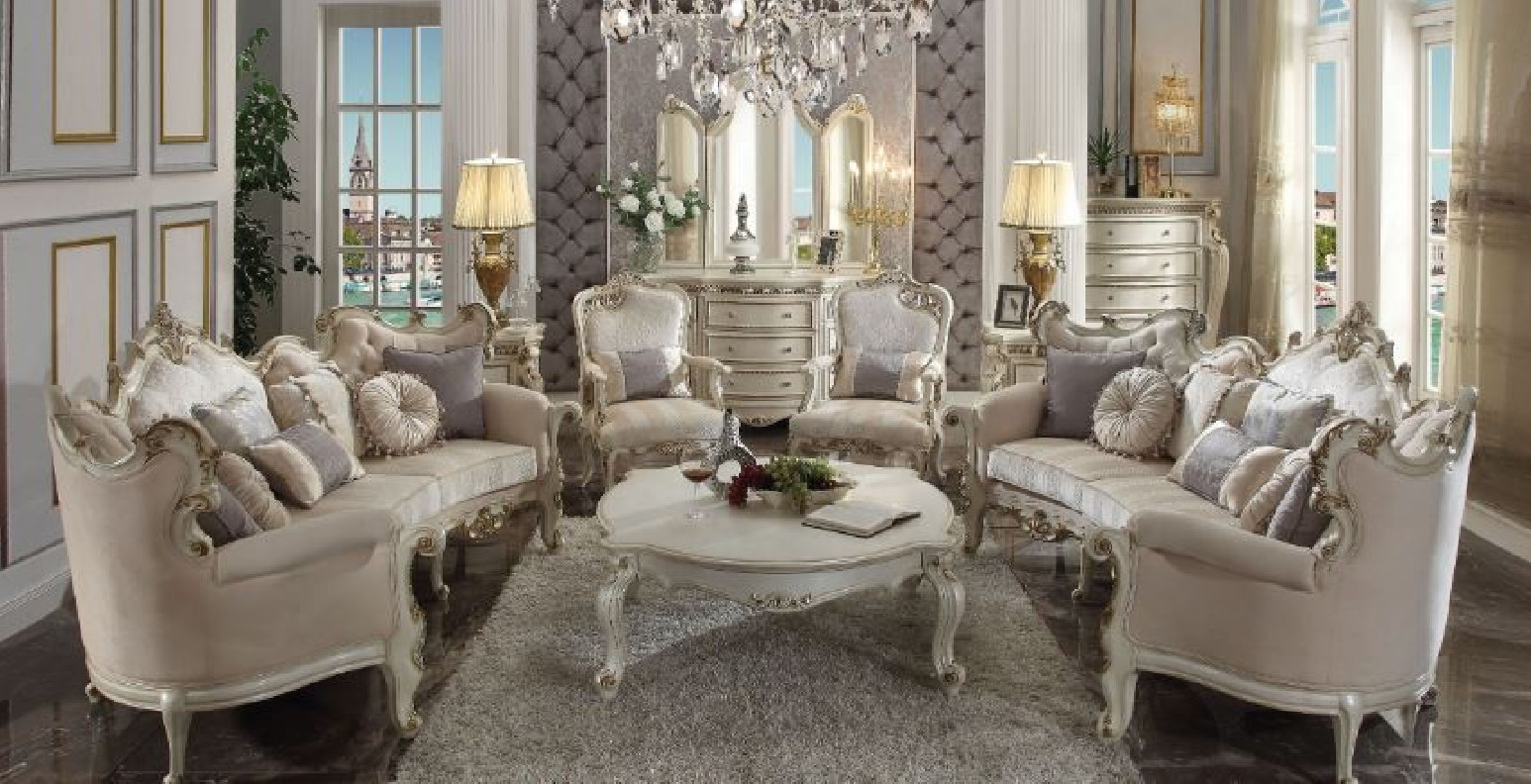 56880 Fabric / Antique Pearl Finish Living Room Sofa Oversized and Tufted Acme Picardy Collection