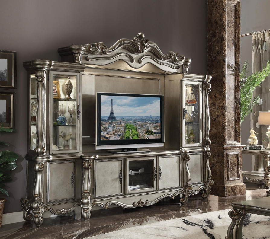91820 Silver Antique Platinum Finish Entertainment Center Versailles II Collection By Acme Furniture
