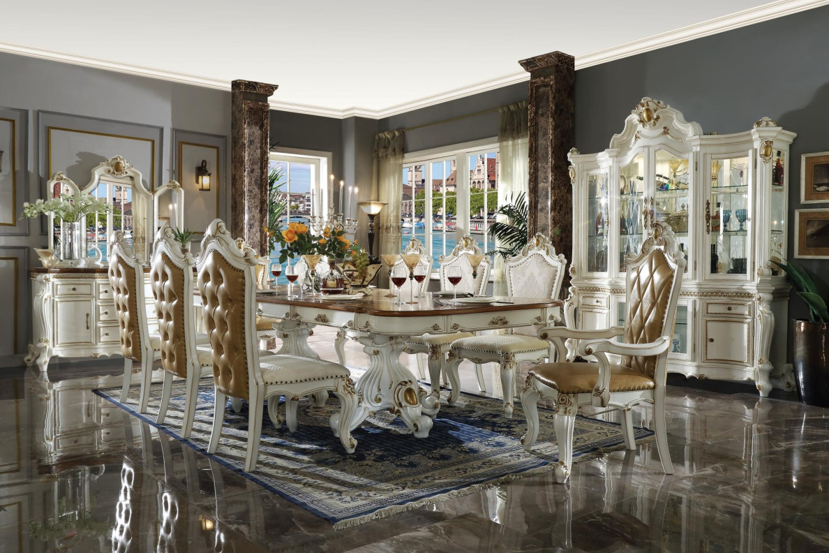 63460 Butterscotch Antique Pearl Finish Double Pedestal Dining Table Set Picardy Collection by Acme Furniture