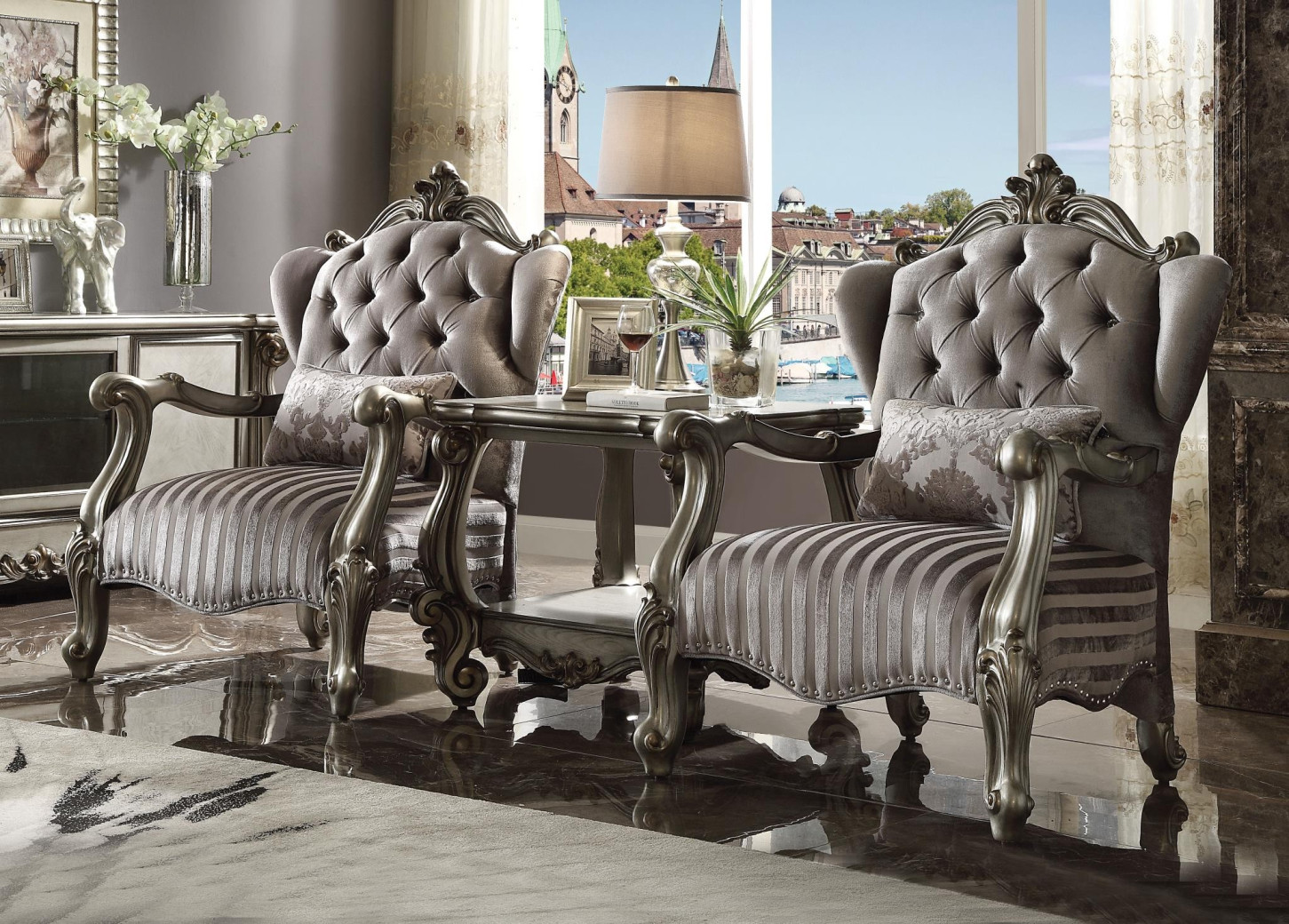 56845 Velvet /Antique Platinum Finish Over sized sofa  Acme Versailles Collection