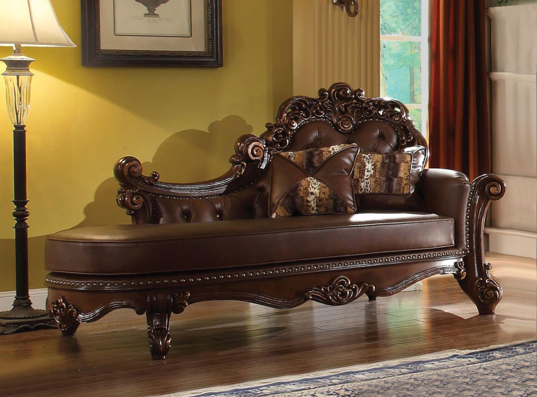 96491 PU/ Cherry Finish Chaise with two Pillows Acme Vendome