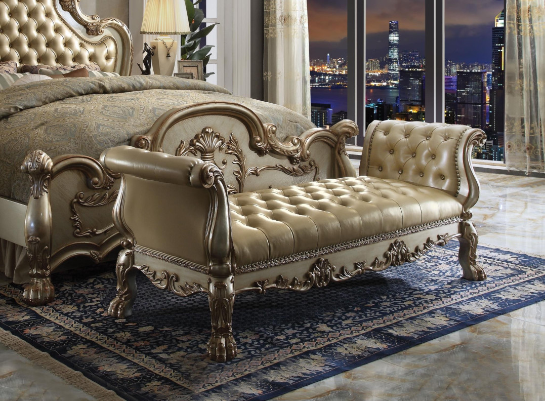 96488 Bench Bone PU/ Gold Patina Finish Dresden Collection by Acme Furniture