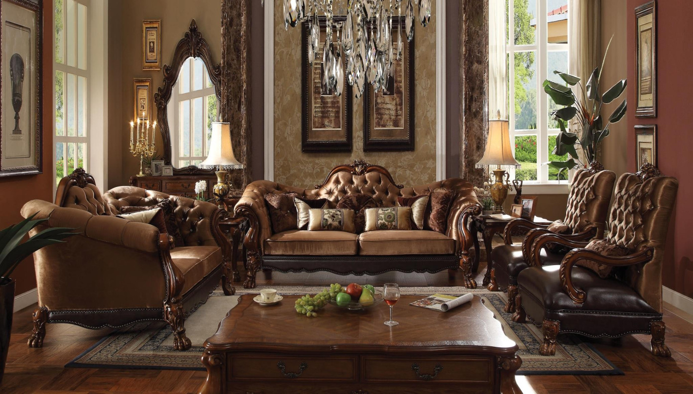 52095 Golden Brown Velvet / Cherry Oak Finish Living Room Acme Dresden Collection
