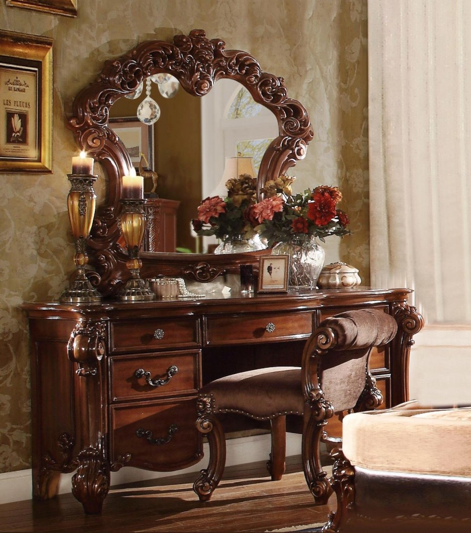 Mirror Vendome Collection By Acme Furniture, Cherry Vanity Set With Stool