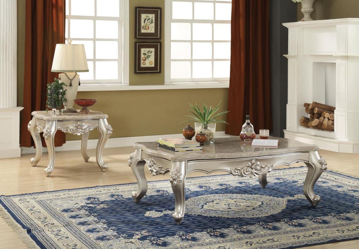 81665 Marble Top Champagne Finish Occasional Tables Bently Collection By Acme Furniture
