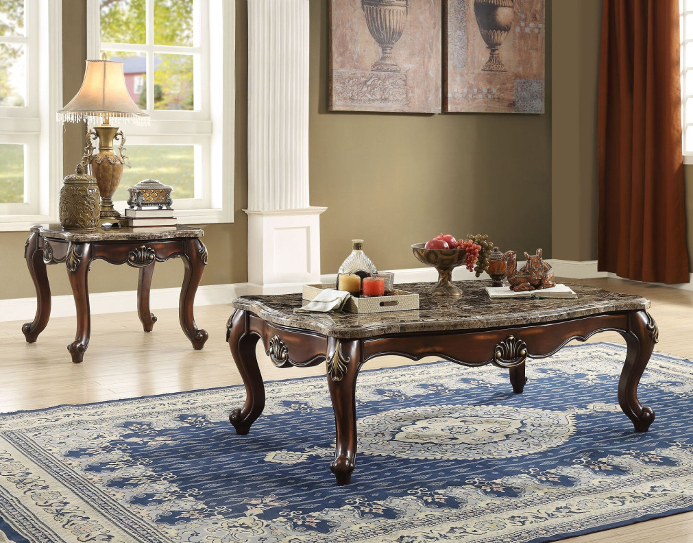 81675 Marble Top Antique Oak Finish Ocassional Tables Acme Beredei Collection