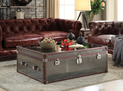 82290 Vintage Dark Brown Top Grain Leather Aluminum Ocassional Tables Acme Aberdeen Collection