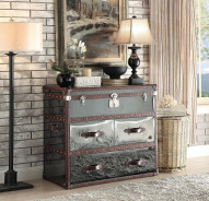 82290 Vintage Dark Brown Top Grain Leather Aluminum Ocassional Tables Acme Aberdeen Collection