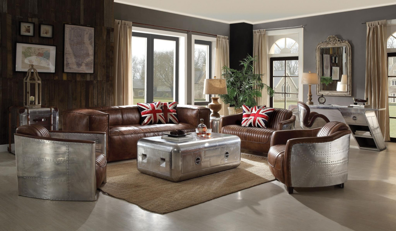 53545 Retro Brown Tops Grain Leather Sofa set Acme Brancaster Collection