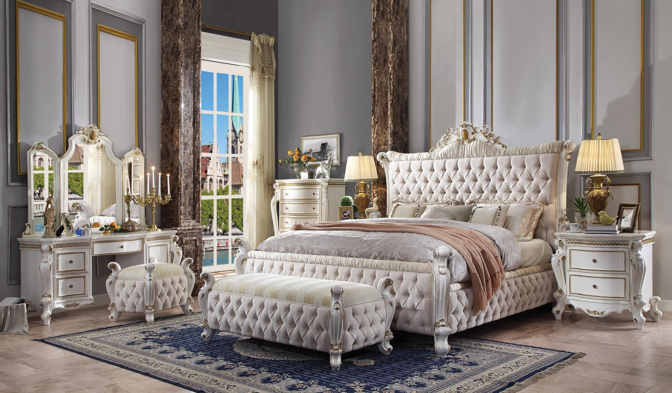 27880Q Fabric & Antique Pearl Finish Bedroom Set Acme Picardy Collection