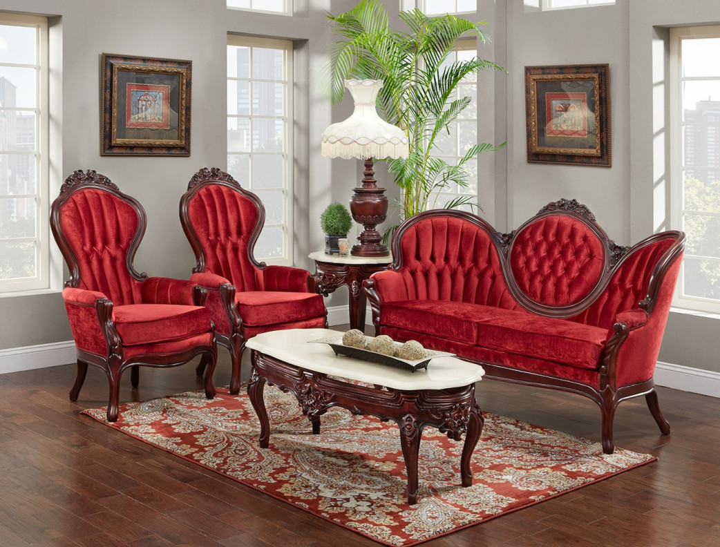 606 AJ Solid Velvet Polrey French Provincial Style Living Room Set