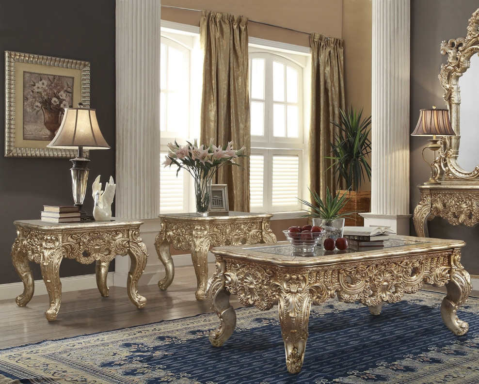 HD 998G Homey Design Coffee Table Victorian Style Metallic Gold & Silver Blend