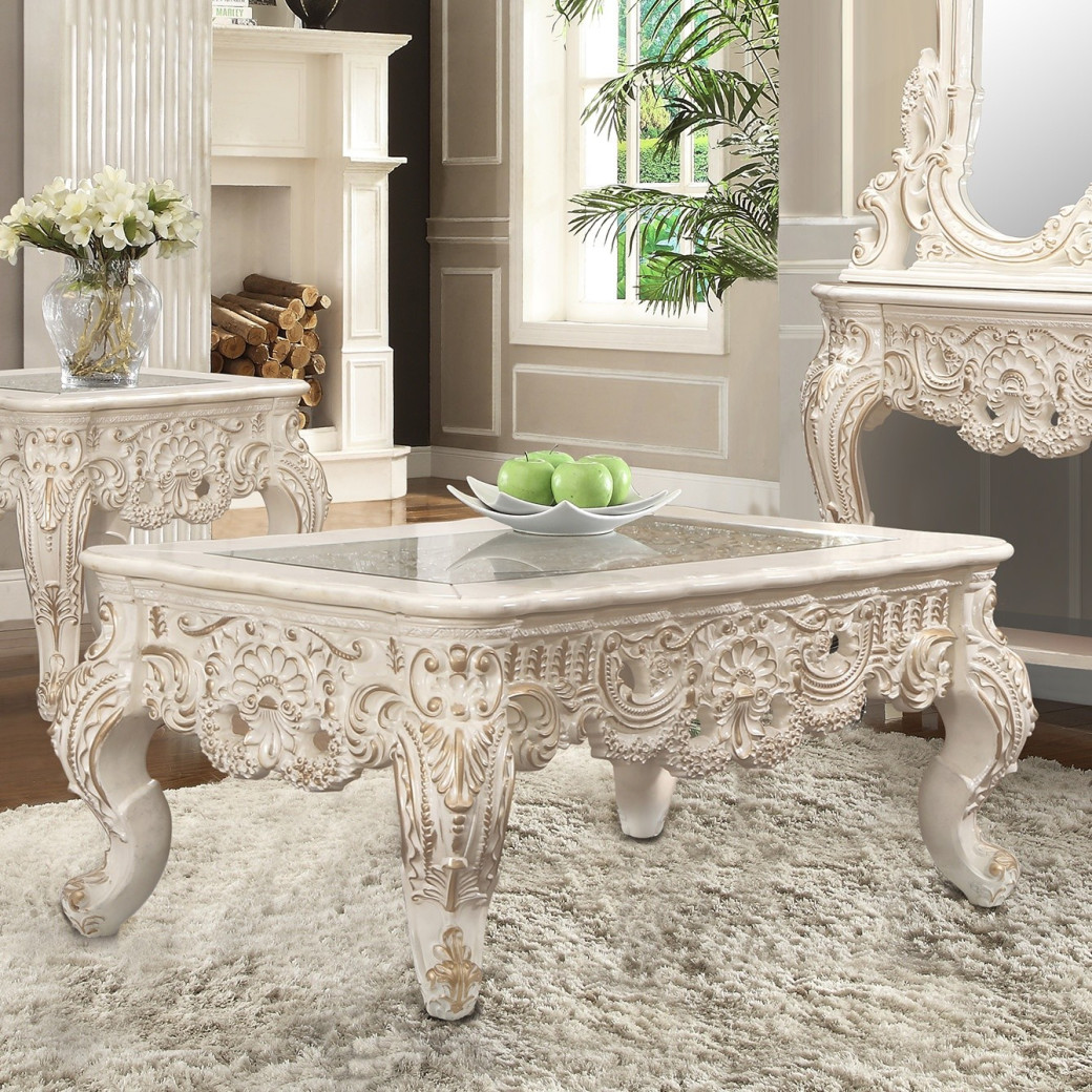 HD 998IV Homey Design Coffee Table Victorian Style  Ivory with Metallic Gold Highlights