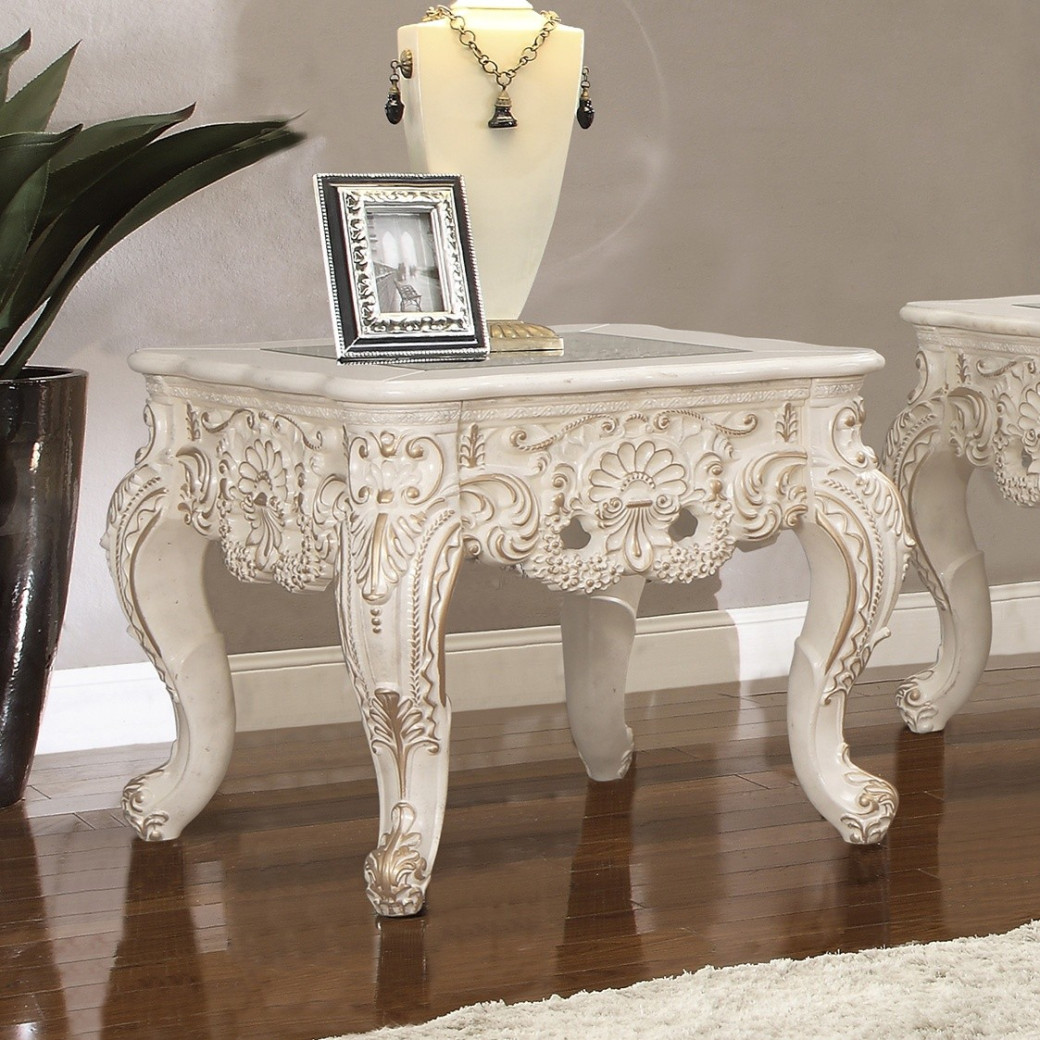 HD 998IV Homey Design Coffee Table Victorian Style  Ivory with Metallic Gold Highlights