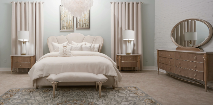 Villa Cherie Caramel Bedroom Set Collection by Michael Amini. Channel-Tufted Upholstered Bed