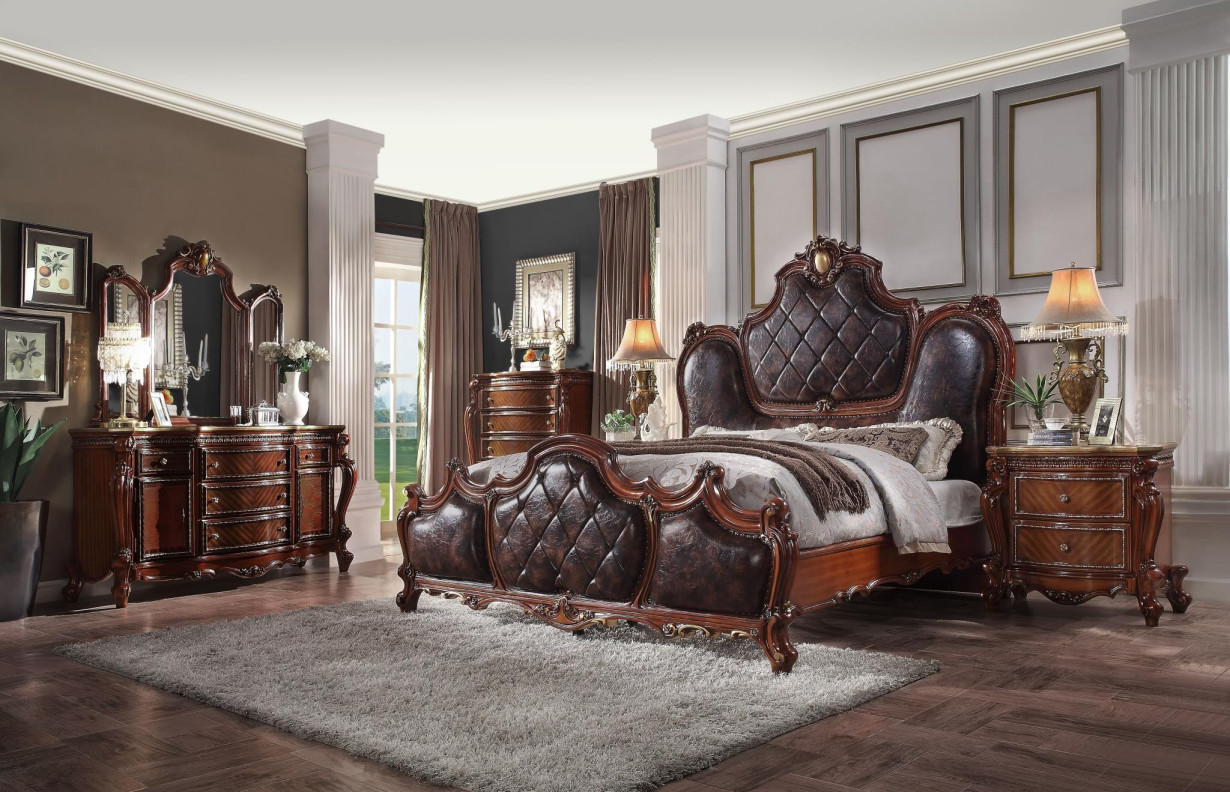 28240Q Pu & Cherry Oak Finish Bed Picardy Collection By Acme Furniture