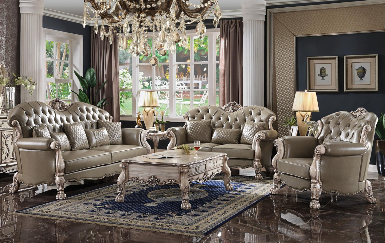 58175 Acme Living Room Dresden Collection PU & Vintage Bone White Finish