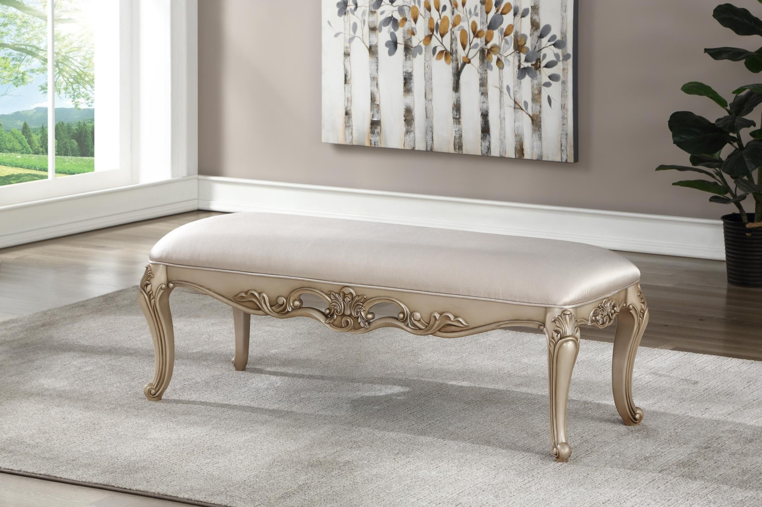 27440Q Gorsedd Cream Fabric Antique white finish Bedroom Set