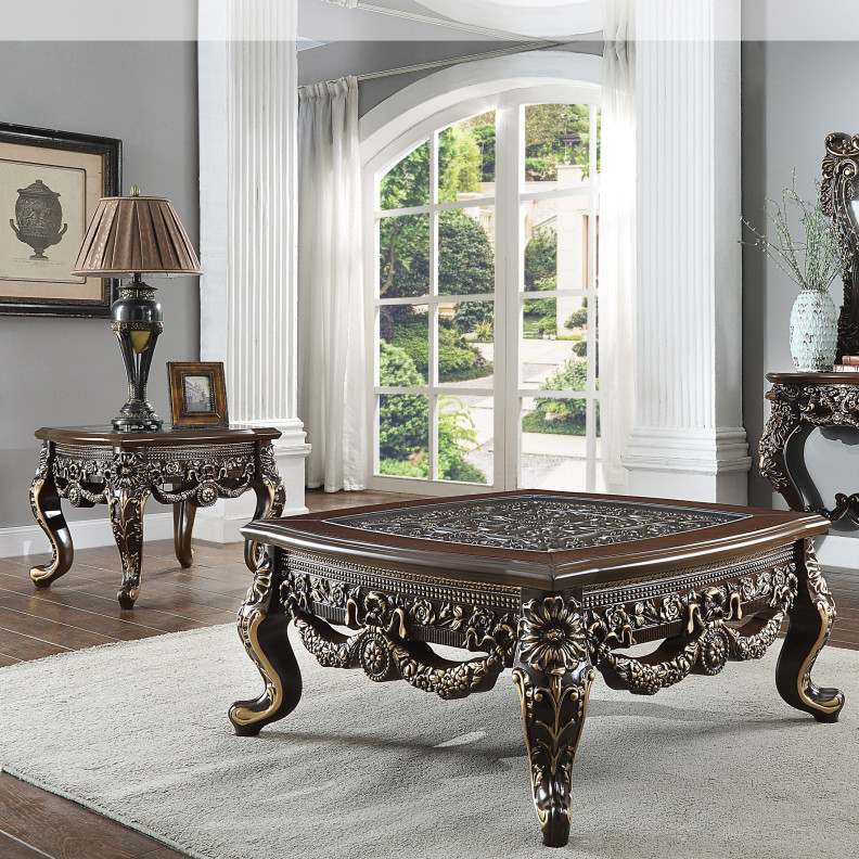 HD 905 C Homey Design Occasional Tables Victorian Style Cherry with Metallic Antique Gold Highlights