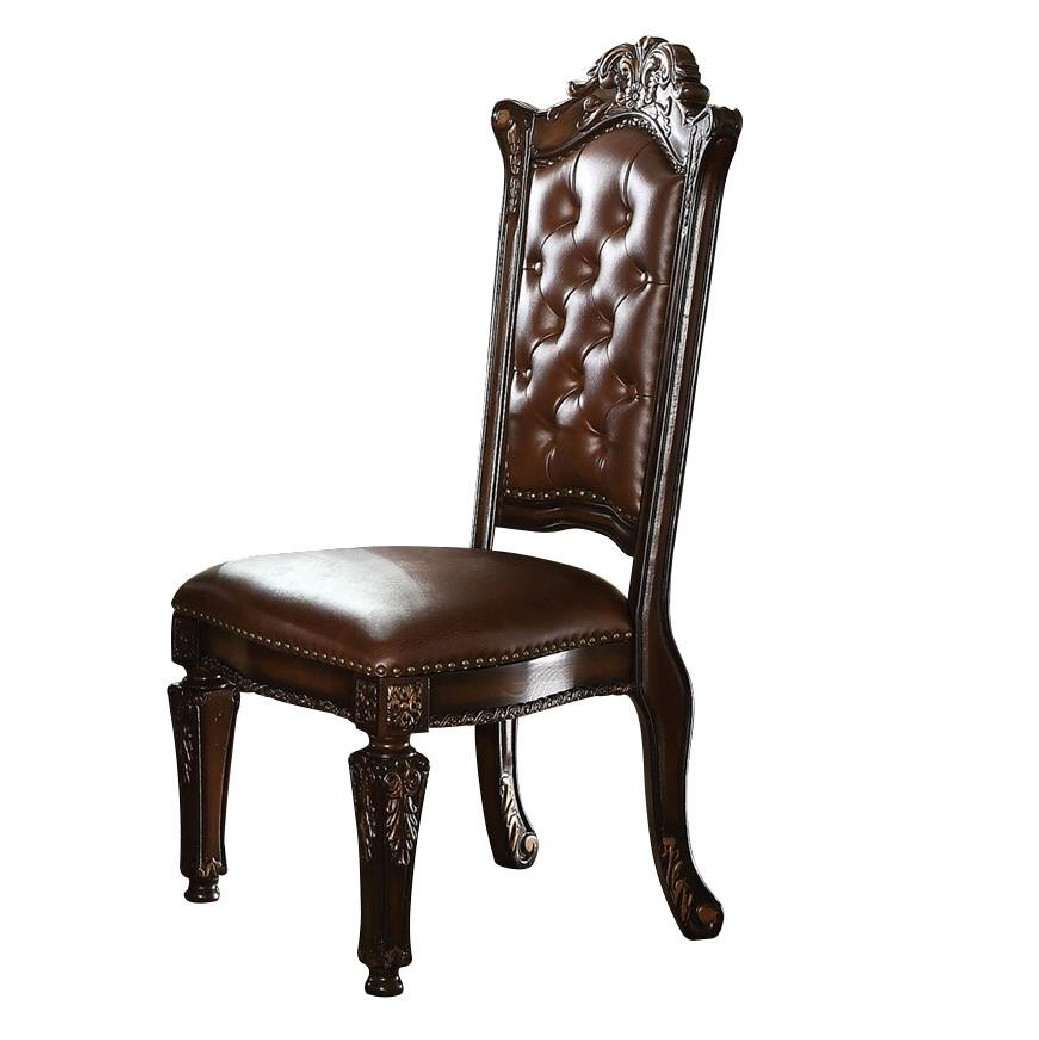 62010 PU / Cherry Finish Round Pedestal Table Vendome Collection By Acme Furniture