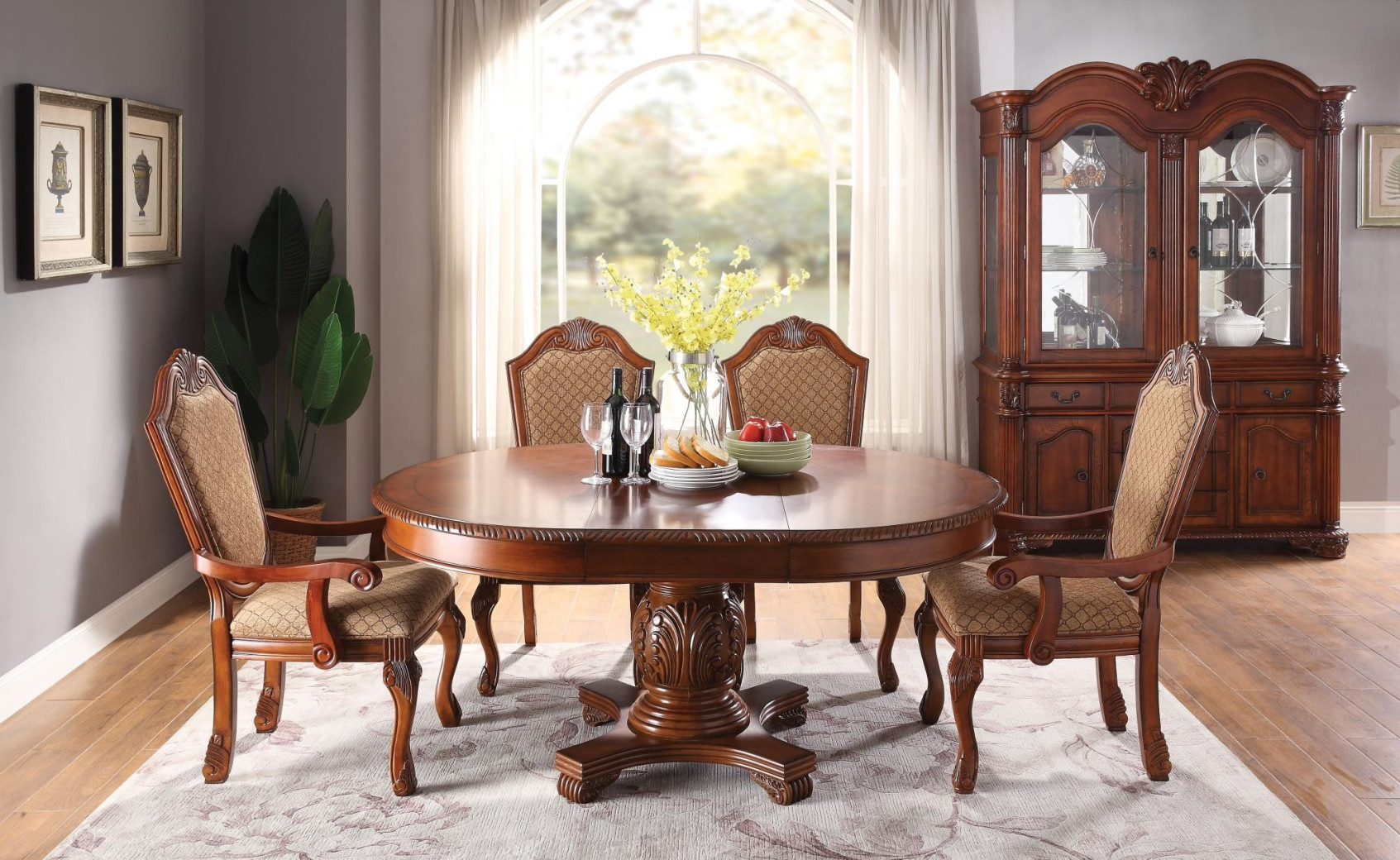 64170 Cherry Finish Single Pedestal Dining Table set Chateau de Ville Collection by Acme