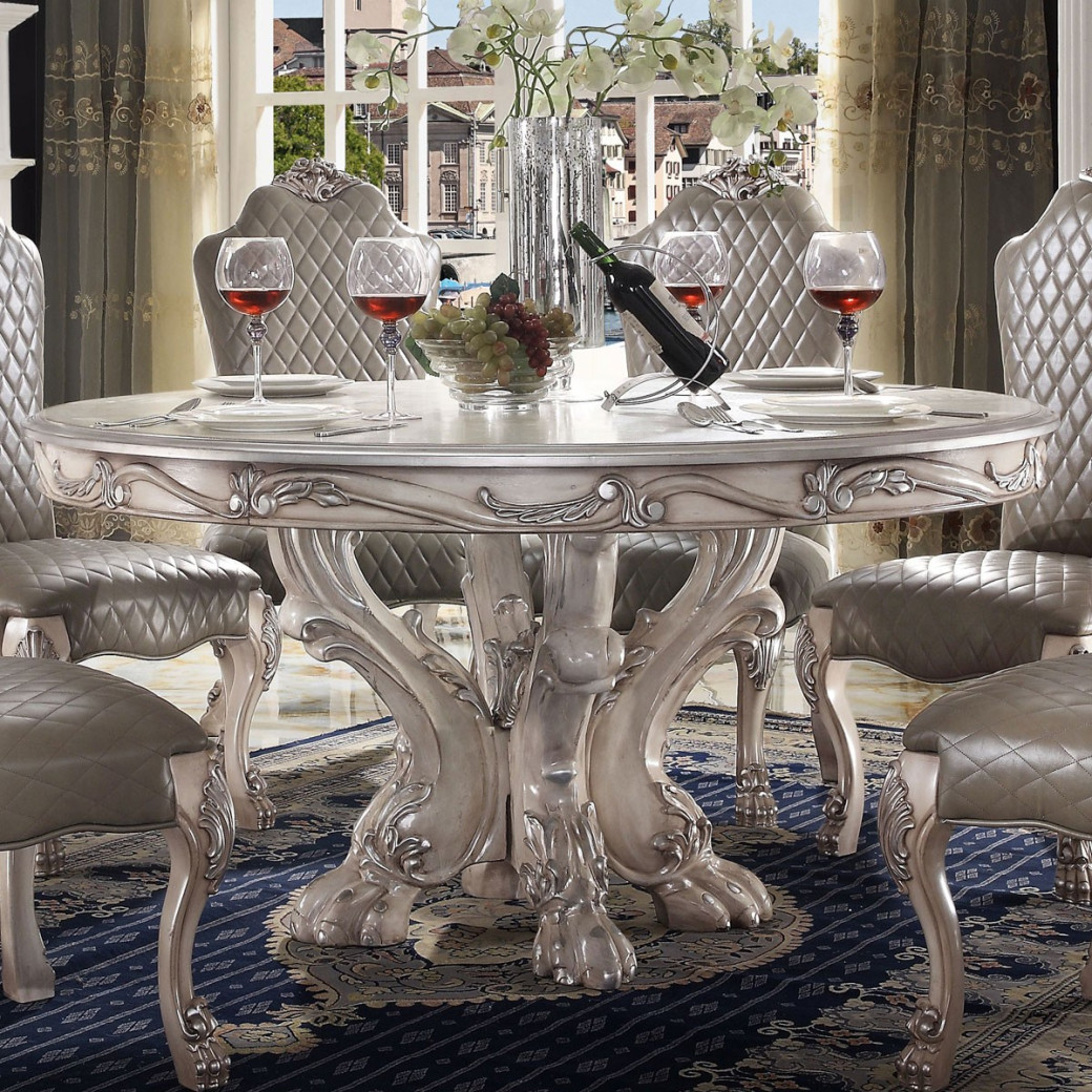 68180 Vintage Bone White Finish Pedestal Round Dining Table Dresden Collection by Acme Furniture
