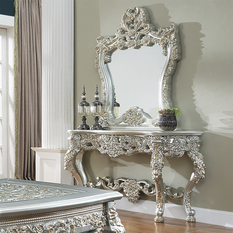 HD 905 S Homey Design Console Table Victorian Style, European & Classic Design Silver Finish