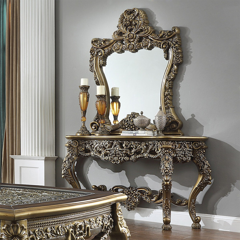 HD 905 B Homey Design Console Table Victorian Style, Brown & Metallic Antique Gold Highlights Finish