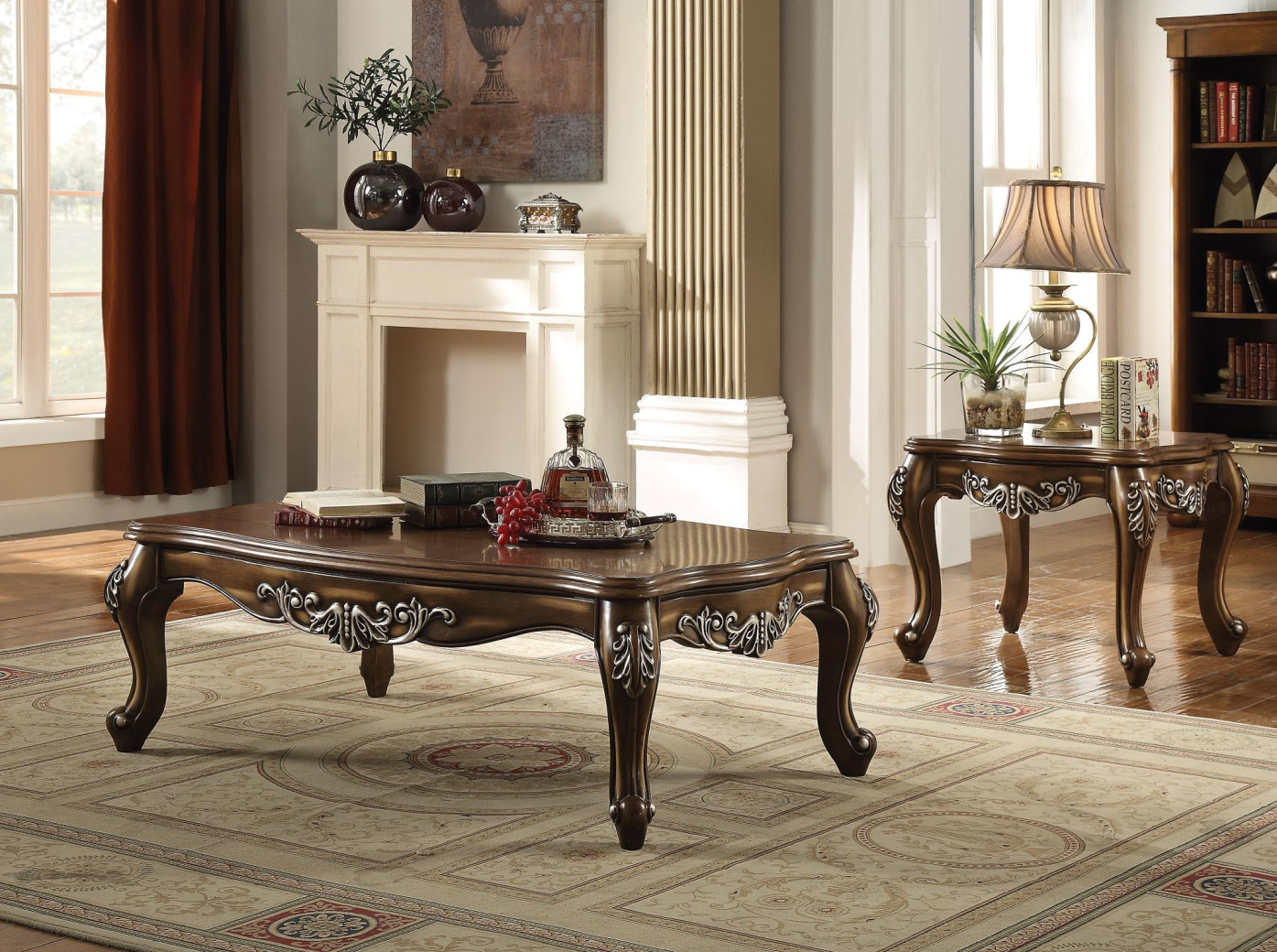 52115 Tan Pattern Fabric Antique Oak Finish LIving Room Acme Latisha Collection