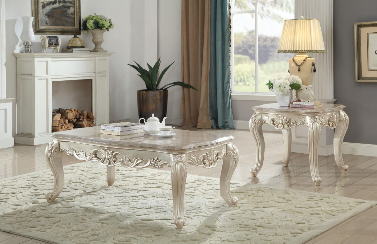 82440 Antique White Finish Occasional Tables Marble Top Gorsedd Collection by Acme Furniture